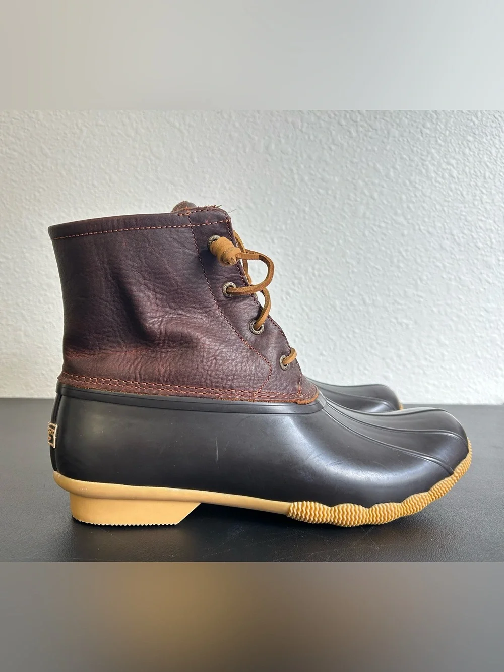 SPERRY TOP SIDER Saltwater Duck Boots Size 12 DARK BROWN LEATHER/BLACK